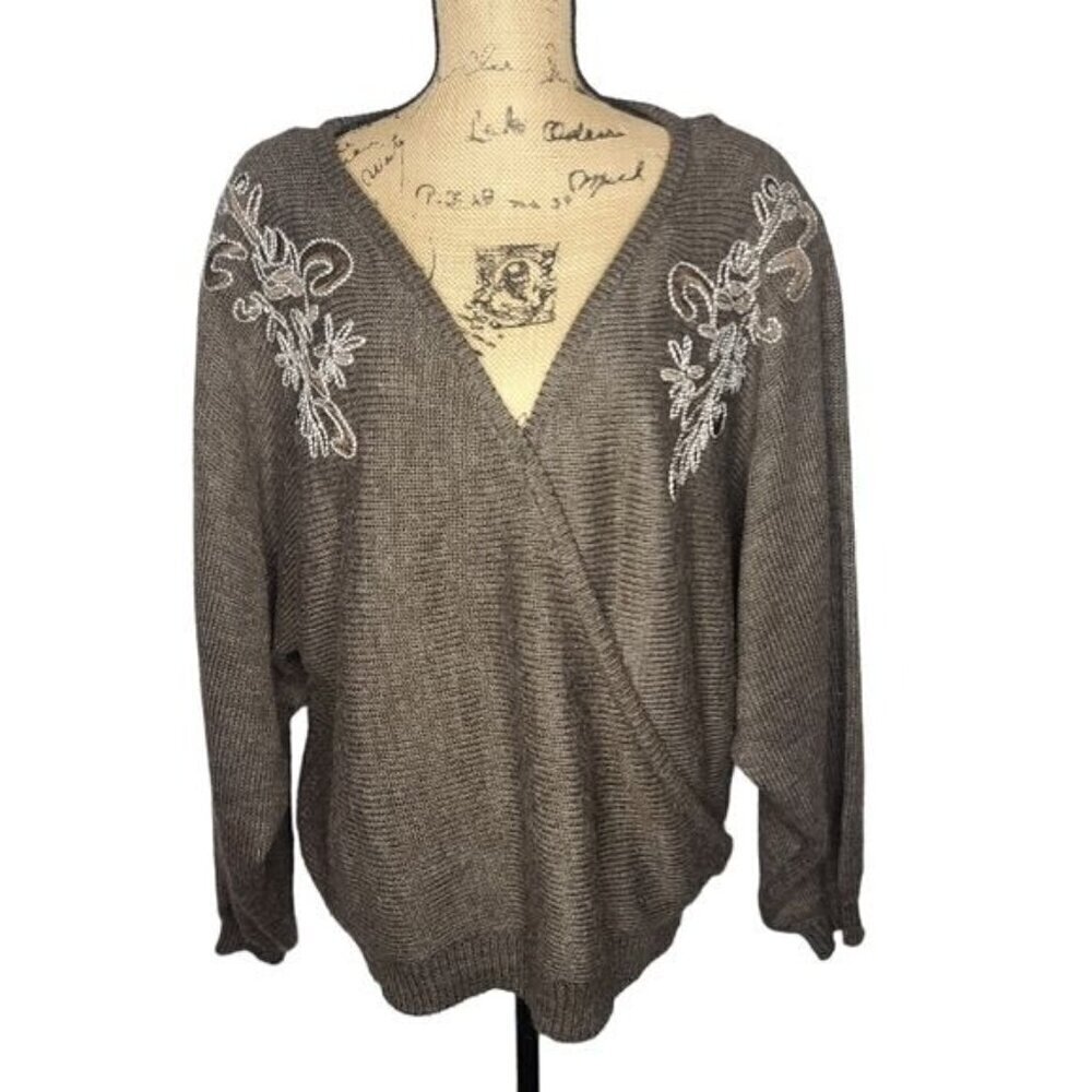 Vintage Brown Western Floral Embroidery Dolman Sleeve Cozy Sweater - Picture 3 of 12